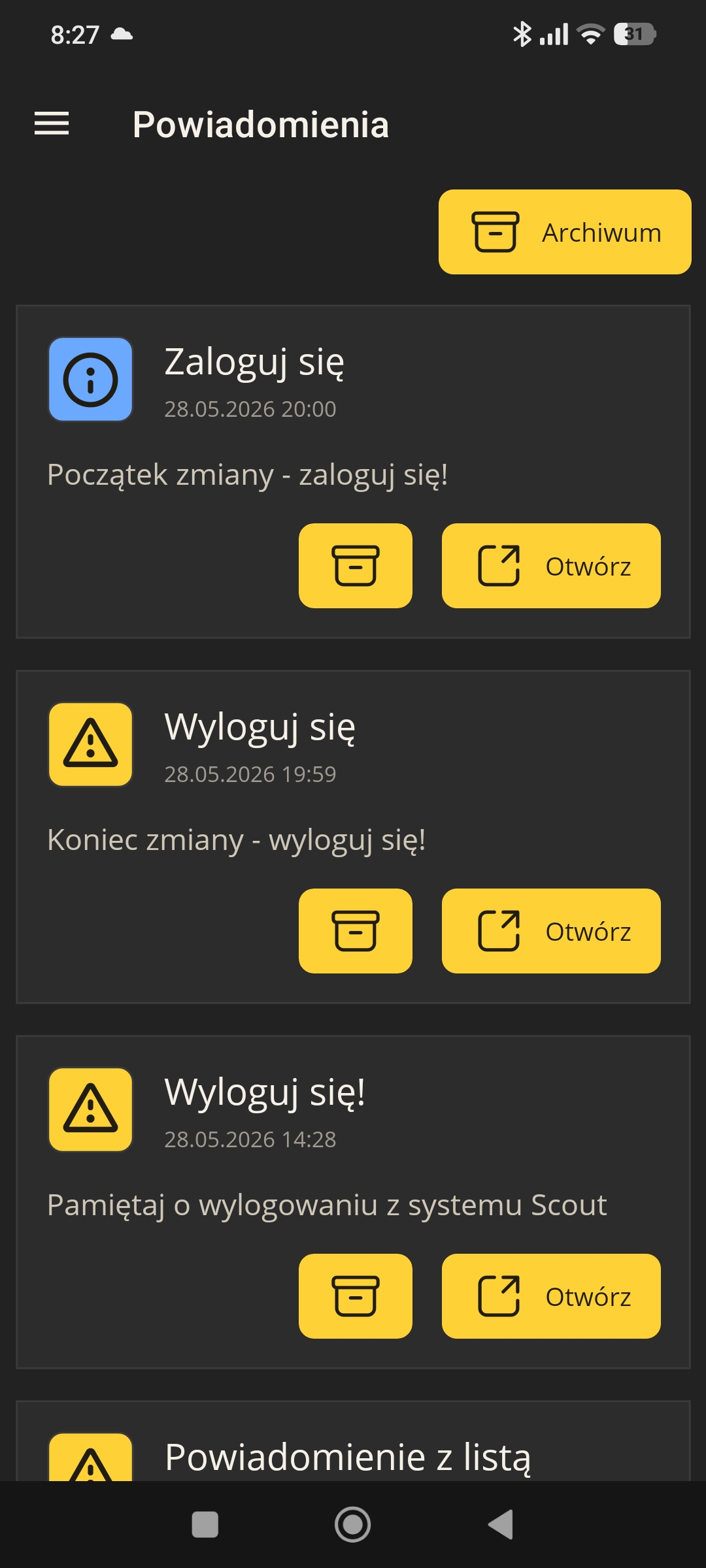 Scout MES Mobile Operator machine monitoring app – list of log-in and end-of-shift notifications