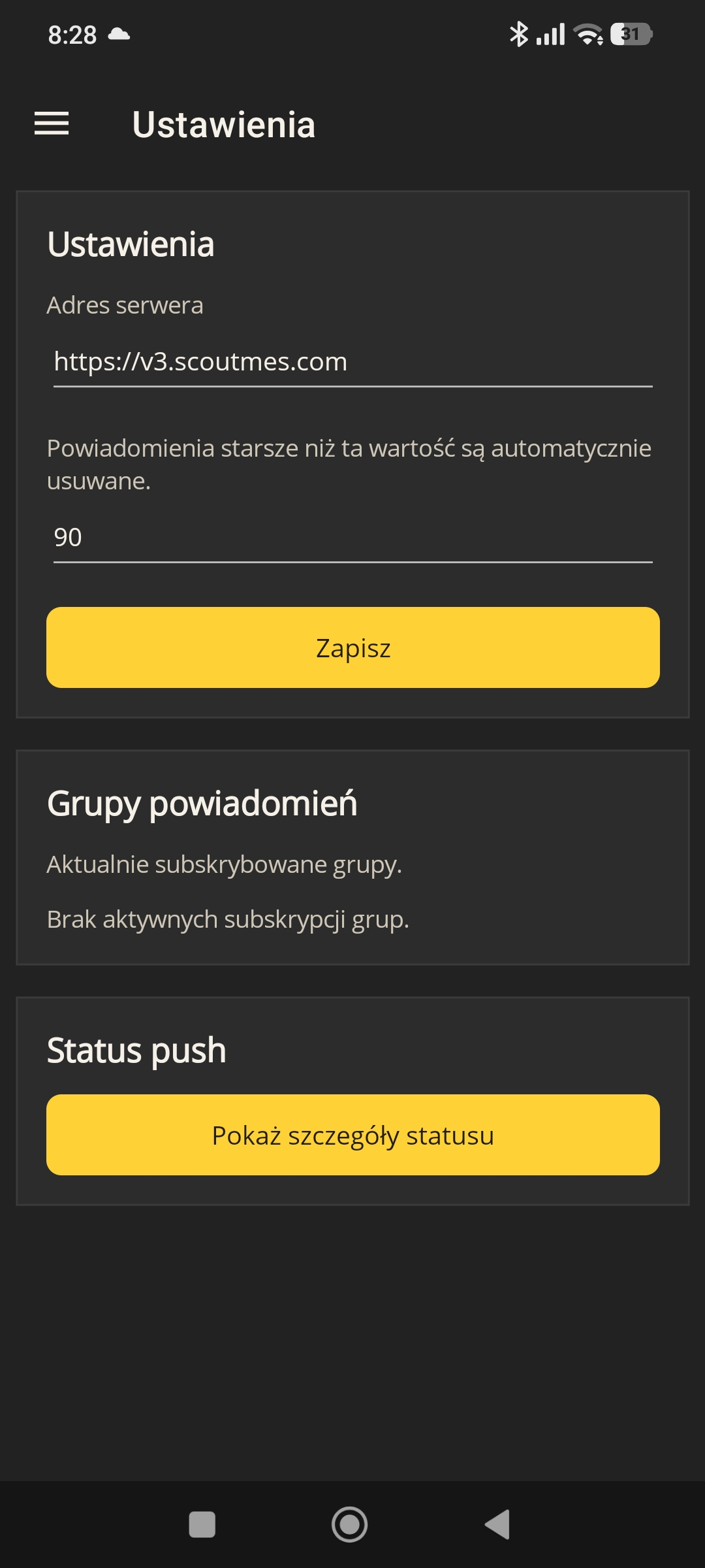 Scout MES Mobile Operator – settings: server address, notification groups and push status