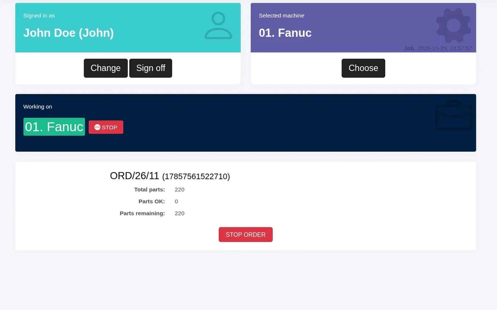 Scout MES – operator panel with a job in progress: job ORD/26/11 with total parts, parts OK and parts remaining, and a STOP ORDER button